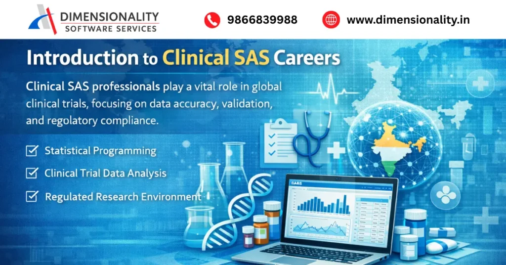 Introduction to Clinical SAS careers for freshers in India explaining statistical programming, clinical trial data analysis and regulated research environment
