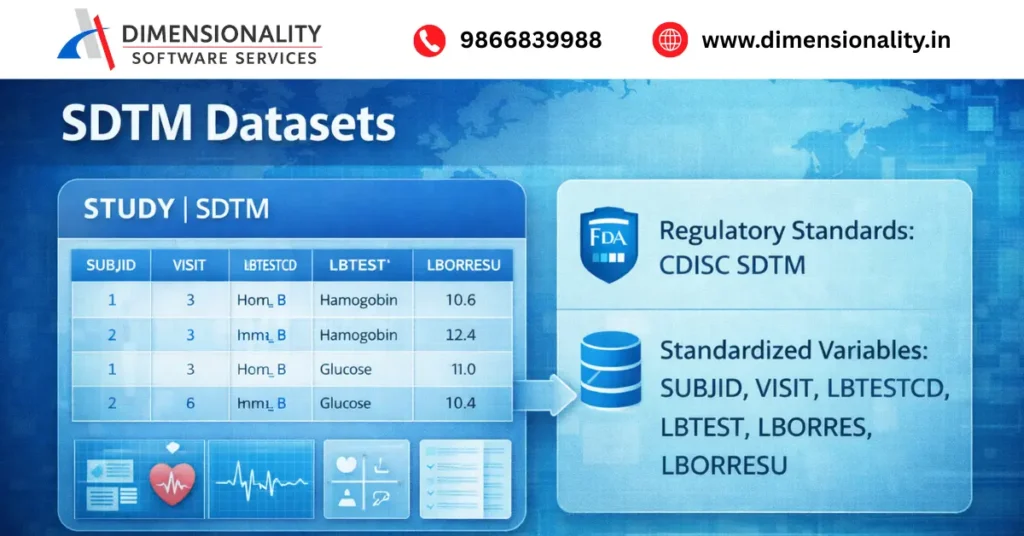 SDTM datasets in Clinical SAS showing CDISC SDTM regulatory standards and standardized variables like SUBJID, VISIT, LBTESTCD and LBORRES

