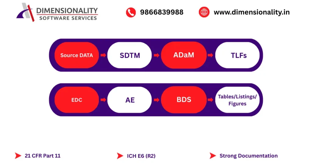 Clinical trial data workflow showing Source Data and EDC progressing to SDTM, ADaM, BDS and TLFs for regulatory submission