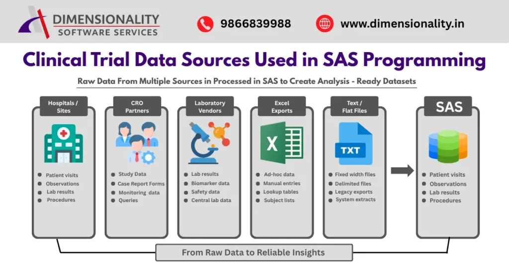 Clinical trial data sources used in SAS programming including hospitals, CRO partners, laboratory vendors, Excel exports and text files processed into analysis-ready datasets