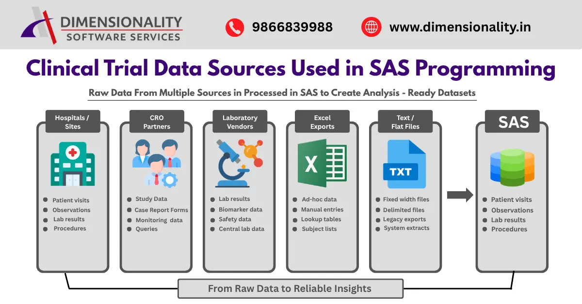 Clinical trial data sources used in SAS programming including hospitals, CRO partners, laboratory vendors, Excel exports and text files processed into analysis-ready datasets