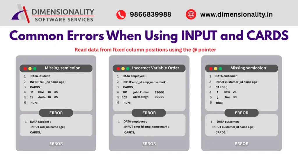 Common errors when using INPUT and CARDS statements in SAS showing missing semicolon incorrect variable order and dataset input mistakes examples