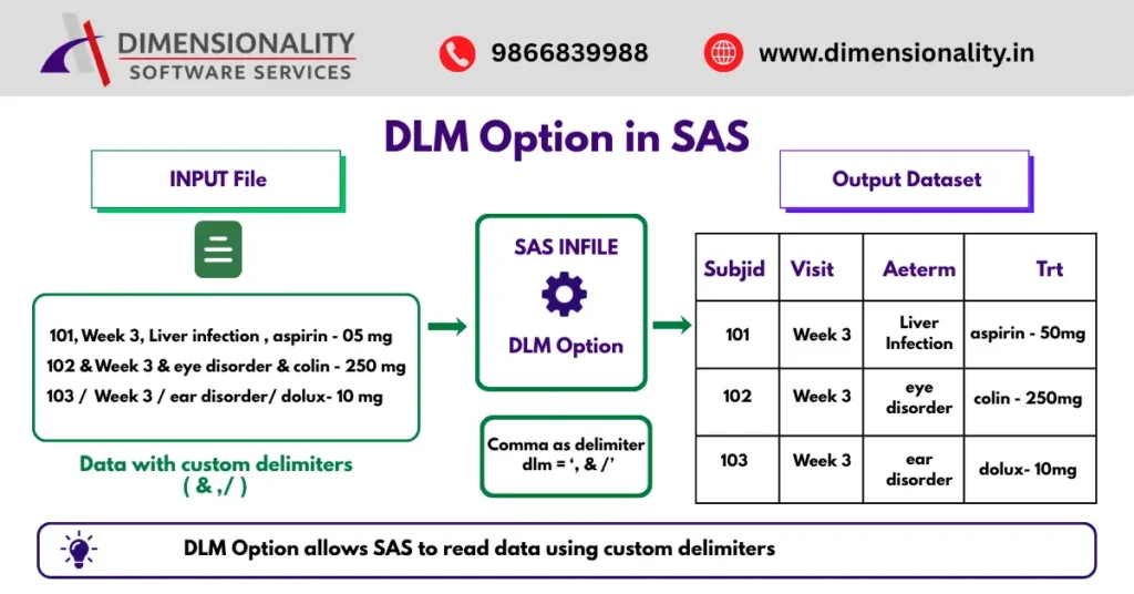Infographic explaining the DLM option in SAS programming using custom delimiters like comma, ampersand, and slash to read input data and create output datasets.