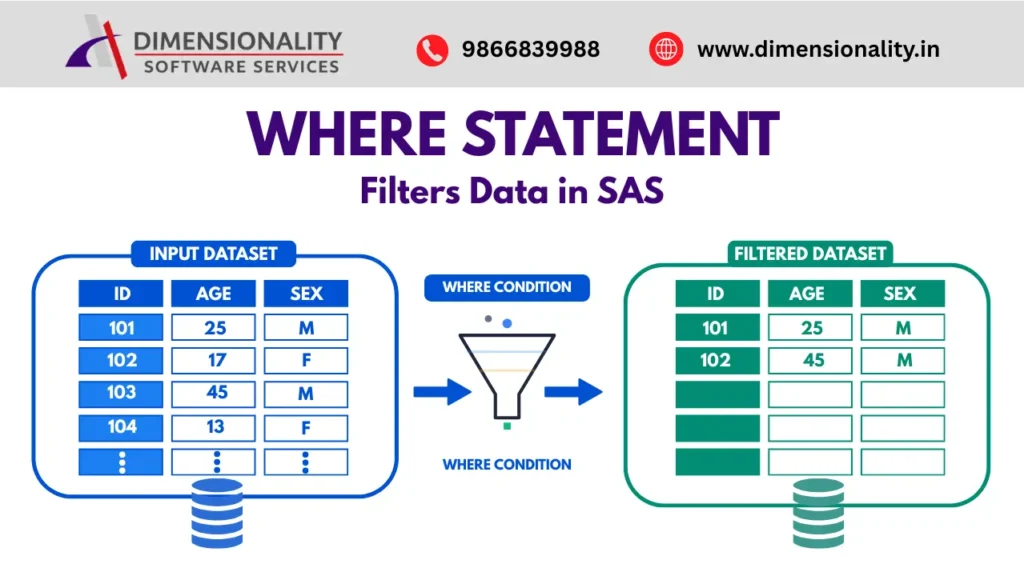 Infographic explaining the WHERE Statement in SAS, showing how a WHERE condition filters records from an input dataset to create a filtered dataset in Clinical SAS programming.